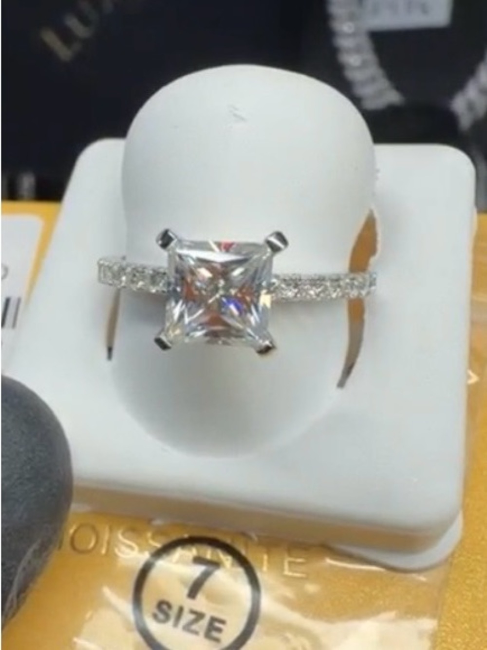 Princess Cut Moissanite Solitaire Engagement Ring in Sterling Silver Size 7